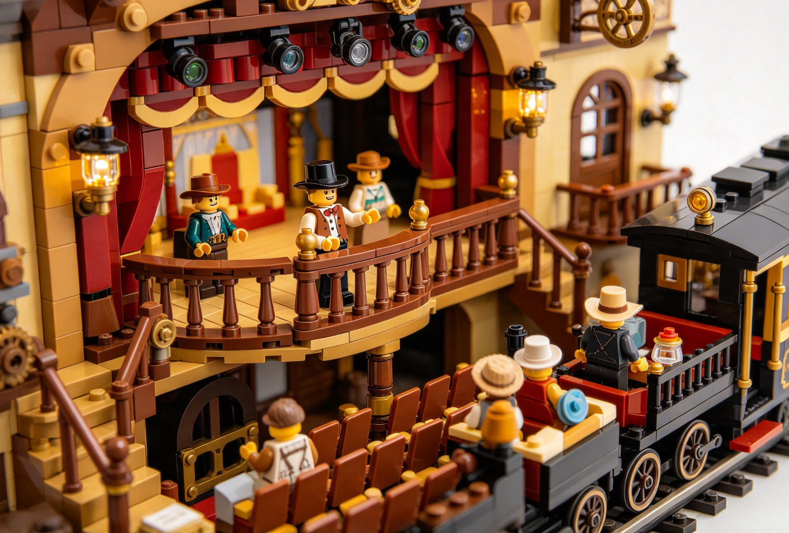 Building a Lego Old West Scene: Train Steampunk Locomotive Meets Theatre Balcony